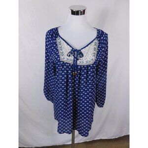 Rewind Blue Boho Lace Bib Tunic Top Tie Neck Long Sleeve M - Excellent